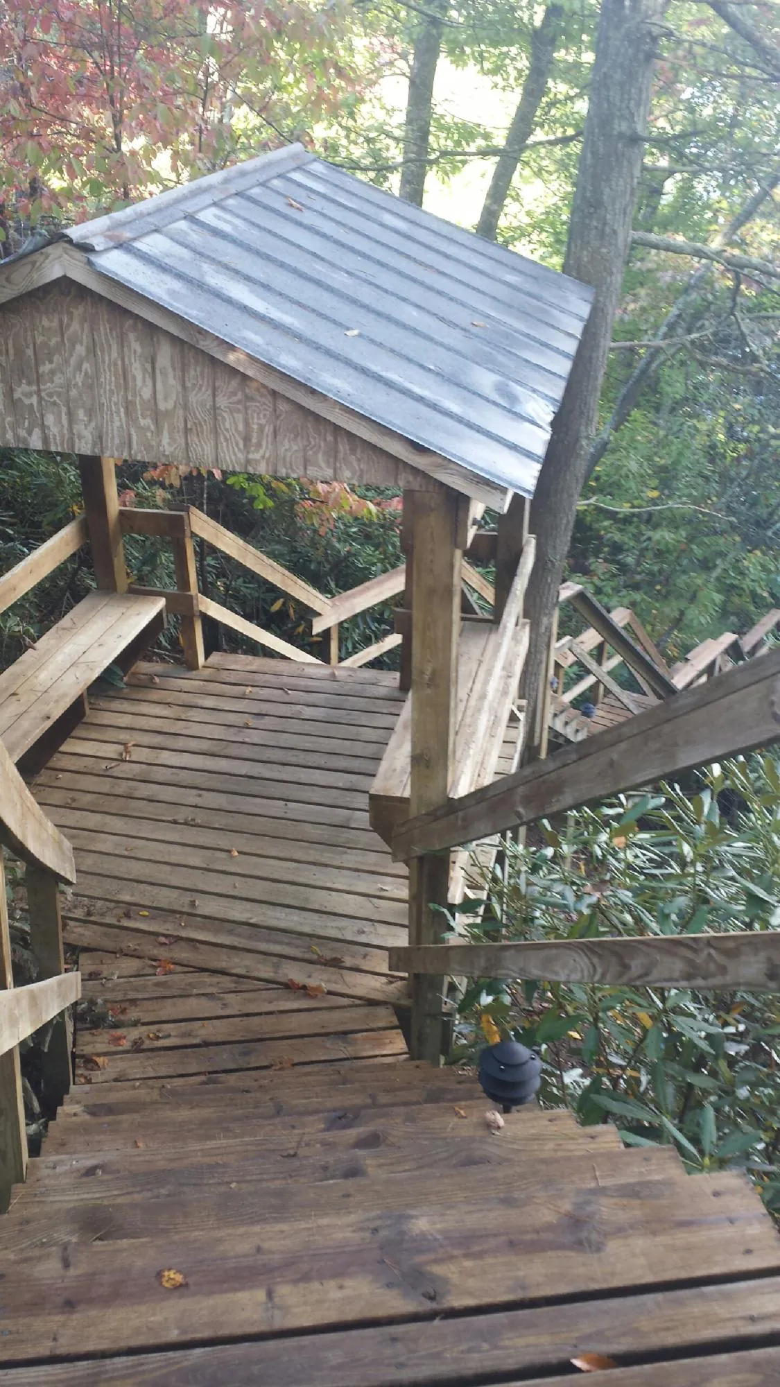 Metal roofed shelter over wooden steps on a wooded walkway — Skylight Repair & Installation work by our crew in Lyndonville